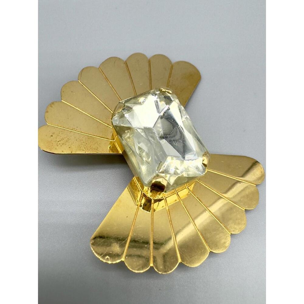 Vintage Moulin Rouge Bow Big Square Crystal Fashionable Gold Tone Brooch Pin